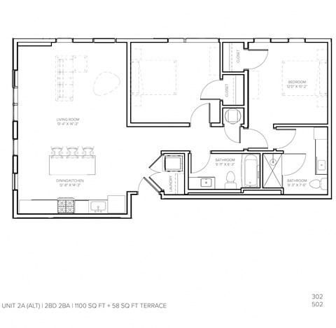 Floor plan for 2 beds, 2 baths, 1100 sqft